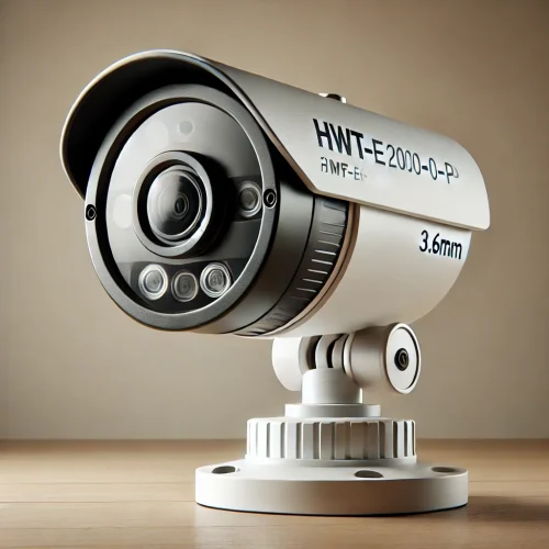 DALL·E 2024-07-08 23.43.44 - A 3MP IR bullet camera model HWT-E2030-00-I-P(3.6MM). The camera is cylindrical, predominantly white, and has a sleek, modern design. It features infr